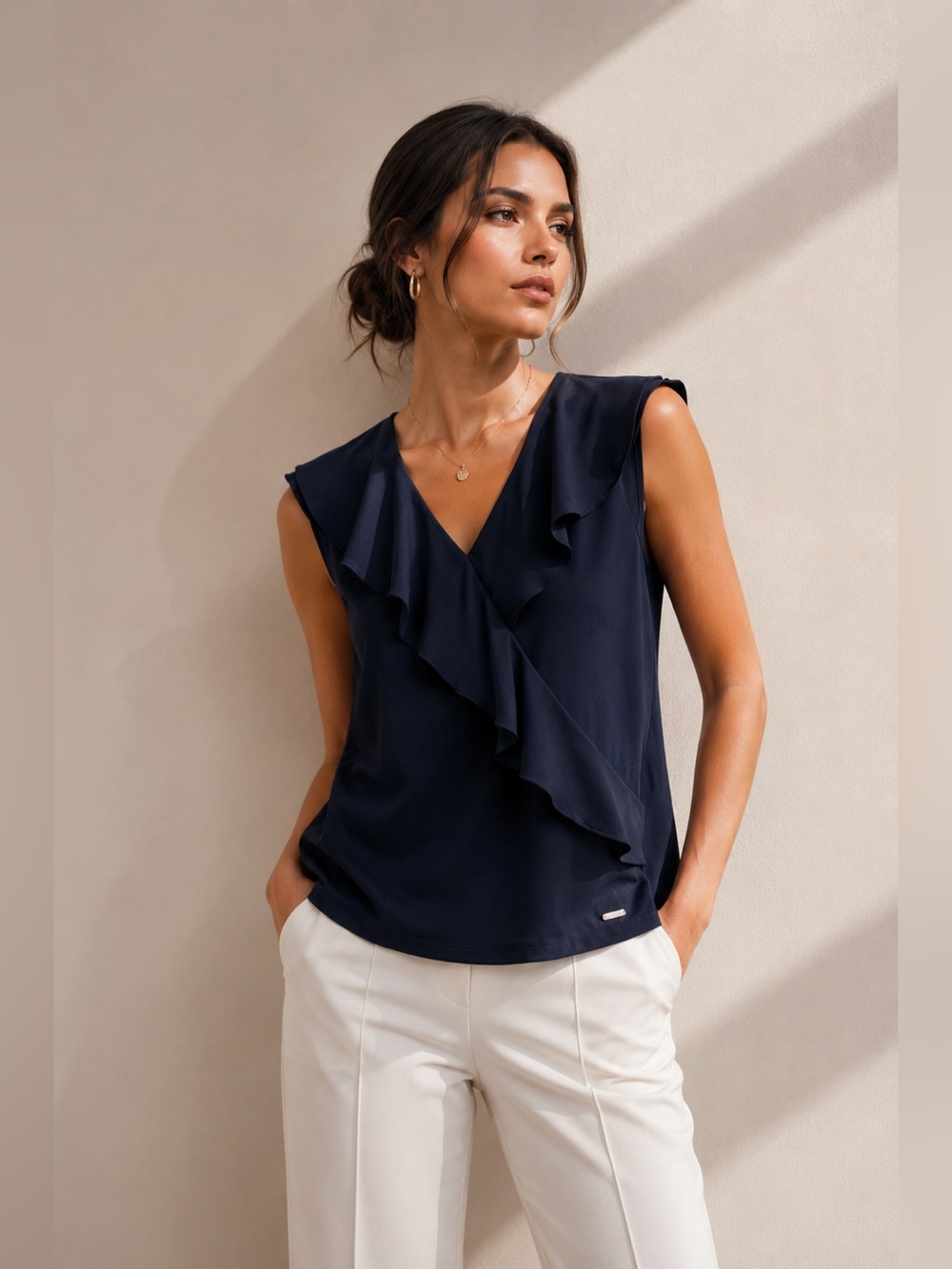 Calvin Klein Navy Ruffle Blouse | Sleeveless | Size M | Elegant Work Top